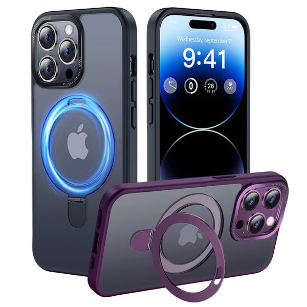 Suporte de telefone luxuoso, transparente, fosco, magnético, sem fio, carregamento, para iphone 14, 12, 13 pro max, magsafe, anel de metal, capa magnética