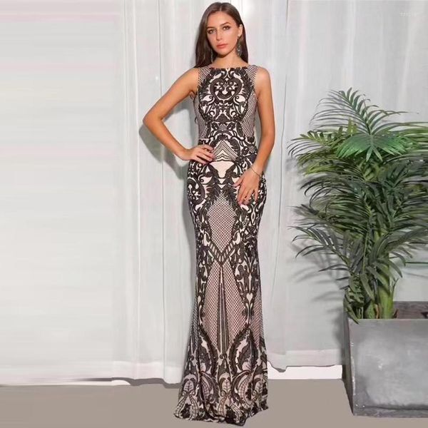 Lässige Kleider, glänzendes Pailletten-Maxikleid, Aprikosen-Mesh, schwarze Scheibe, lang, High-End-Abend, Party, Hochzeit, Abschlussball, figurbetont