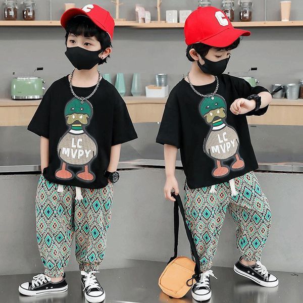 Giyim setleri Koreli çocuk pamuklu kıyafetler erkek bebek kız karikatür ördek baskı tişört üst ve pantolon set çocuk 2pcs kıyafetler salon giyim 230606