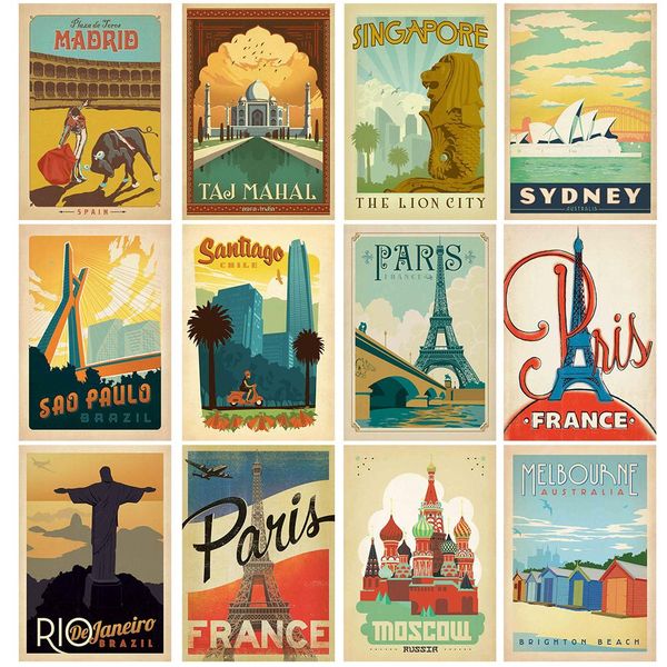 Stitch Paris/Roma/Spagna/Sydney/Russia Segni di viaggio vintage Popoli paesi di pittura di diamante Postatori da pareti Postatori Art Painting Decor