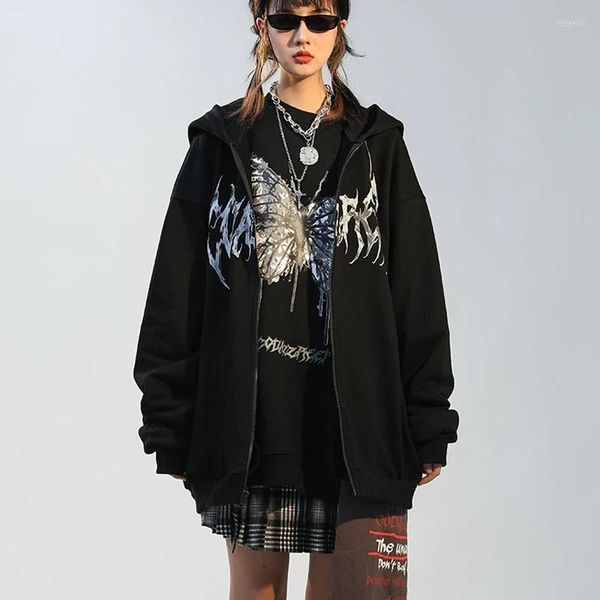 Männer Hoodies Frauen Hip Hop Streetwear Y2k Ästhetische Kleidung Grunge Punk Jacke Zip-up Schmetterling Print Mantel Goth Harajuku