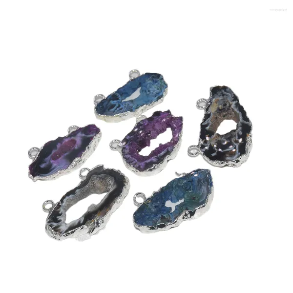 Подвесные ожерелья натуральный ломтик Geode Druzy Stone Connecter самка 2023 Плоская голубая розовая черная дыра агата женщин 5pc 5pc