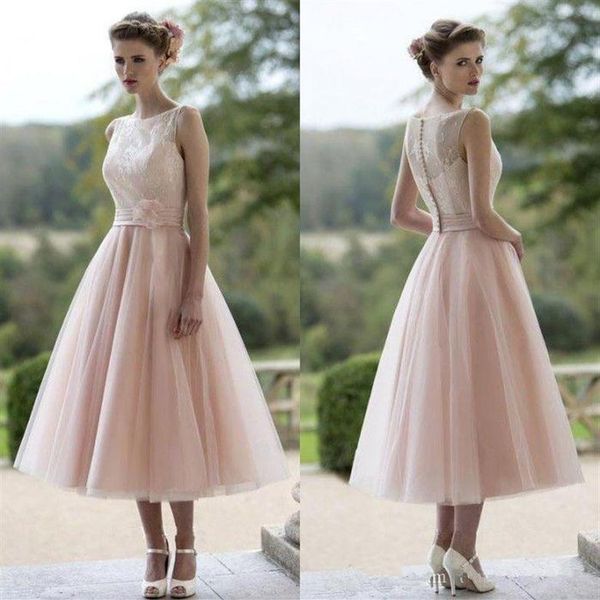 Vintage Short Blush Abiti da sposa 2019 New s Handmade Flower Sash A-Line Tulle Pizzo Lunghezza tè Abiti da sposa Vestido De N224e