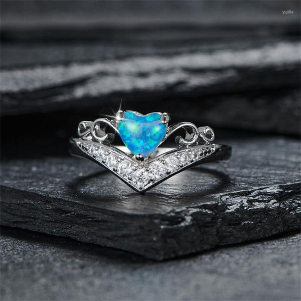 Eheringe Charme Blau Lila Weiß Feueropal Ring Silber Farbe Herz Krone Bands Versprechen Verlobung Für Frauen Schmuck Geschenke