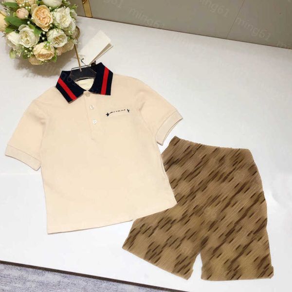 23SS Kids Designer Kleidung Kid Sets rot-blaues Gurtband Lteel Sternbuchstaben Logo Stickerei Kurzärärmelte Polo-Hemd Doppel G Jacquard Shorts Anzug Baby Kleidung a1