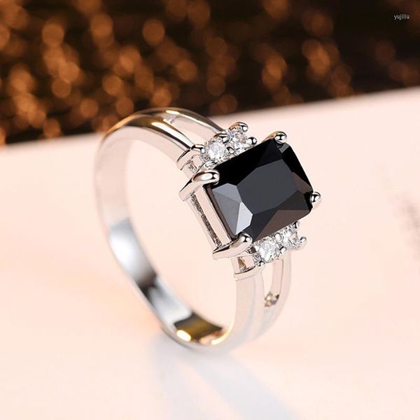 Anéis de casamento vintage masculino feminino preto quadrado pedra anel moda prata cor banda cristal promessa noivado para homens e mulheres