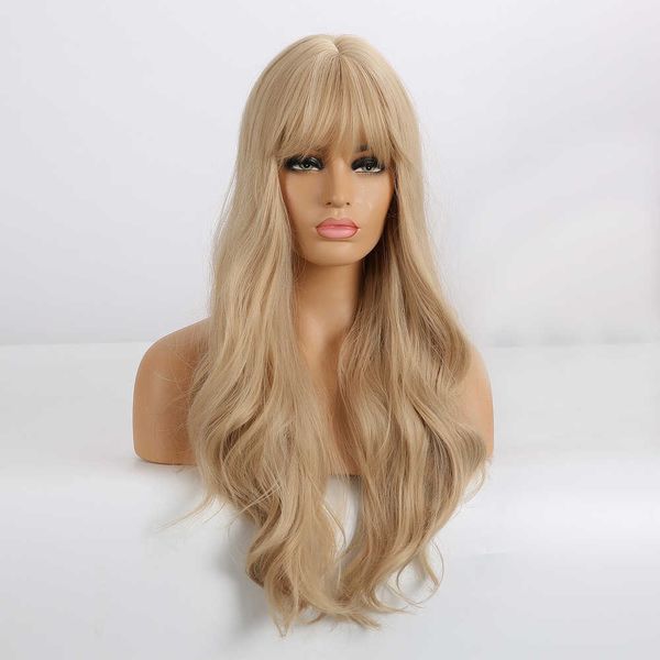 Nxy Lange blonde gewellte synthetische Perücken mit Pony, natürliches gewelltes Haar für Frauen, Cosplay, täglich, hitzebeständig, 230605