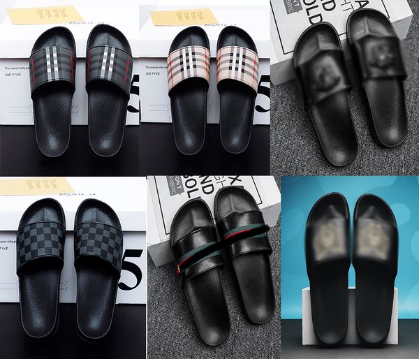 Erkek moda slaytlar ayakkabı terlik metal toka kaplan başlıkları plaj slayt düz tasarımcı klasik ekose desen spor ayakkabılar boyutu 39-46