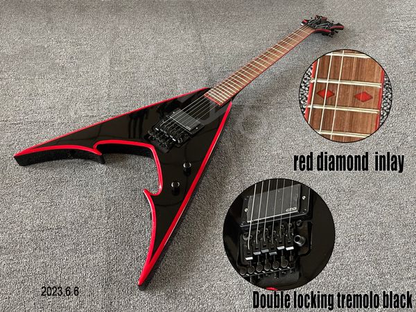 E-Gitarre, schwarze Farbe mit roten Randlinien, rote kleine Diamanteinlage auf dem Griffbrett, rote Bindung, schwarze Teile mit Doppelverriegelung