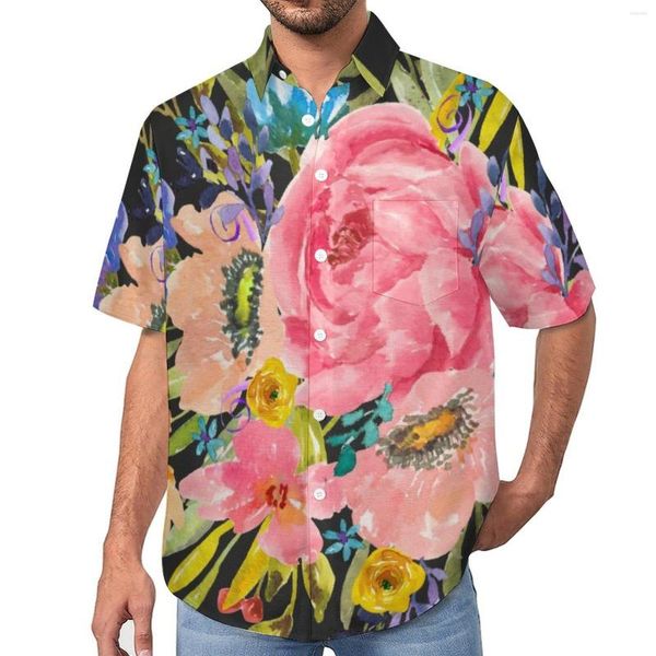 Erkekler Sıradan Gömlekler Suluboya Çiçek Plaj Gömlek Gül Çiçek Buket Hawaiian Erkek Y2K Bluzlar Kısa kollu baskılı üstler 3xl 4xl