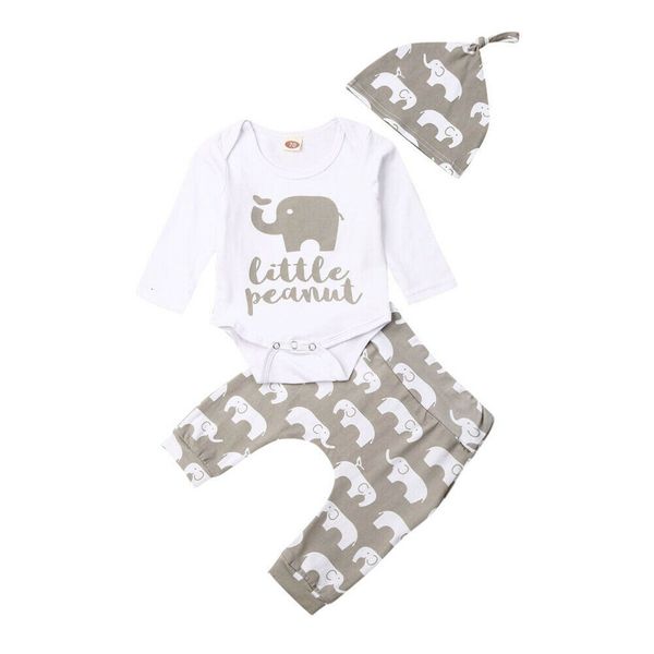 T-shirt 0-24M nata Baby Girl Boy Clothes Set manica lunga pagliaccetto pantaloni stampa elefante abiti cappello 230606