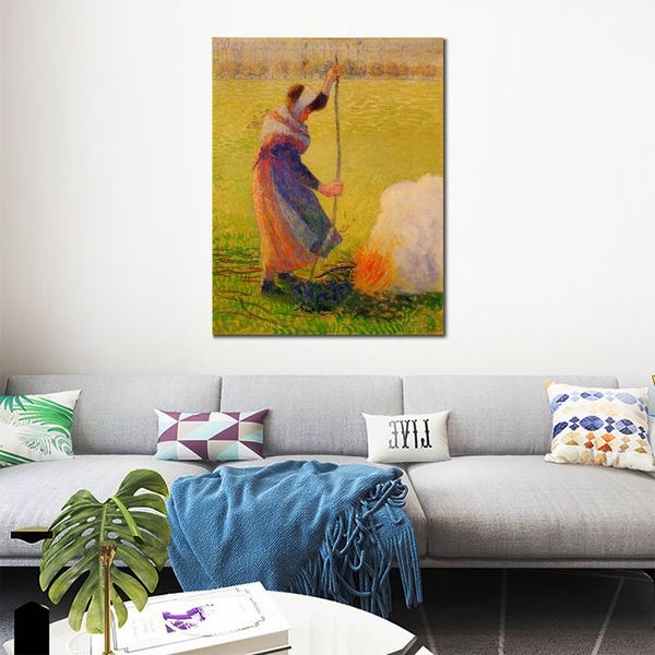 Opera d'arte fatta a mano su tela Donna che brucia legna Camille Pissarro Dipinto Paesaggi di campagna Ufficio Studio Decor