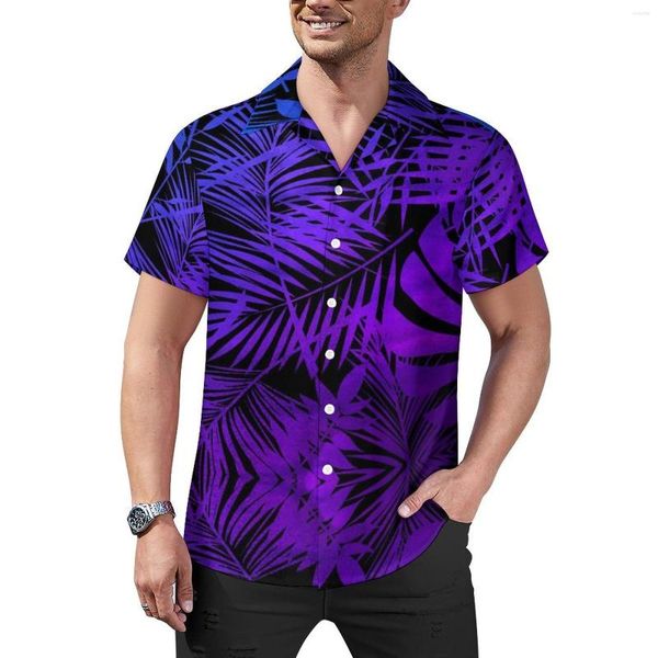 Camisas casuais masculinas Tropical folha de palmeira com estampa roxa Camisa de praia havaiana divertida Blusas masculinas plus size 3XL 4XL