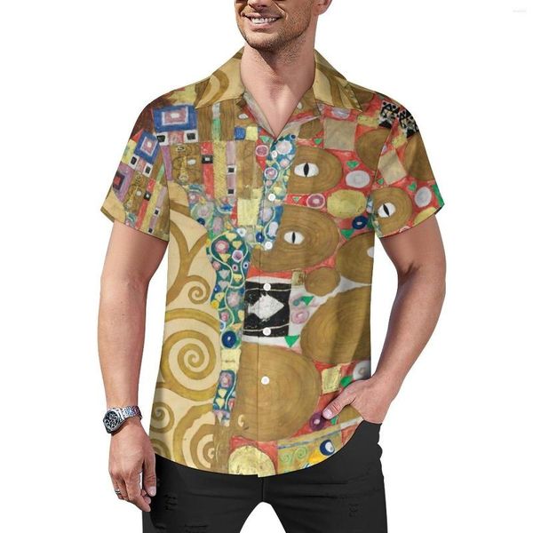 Camisas Casuais Masculinas Gustav Klimt Camisa Solta Mens Beach Stoclet Estampado Friso Havaiano Estampado Blusas Retro Grandes Manga Curta