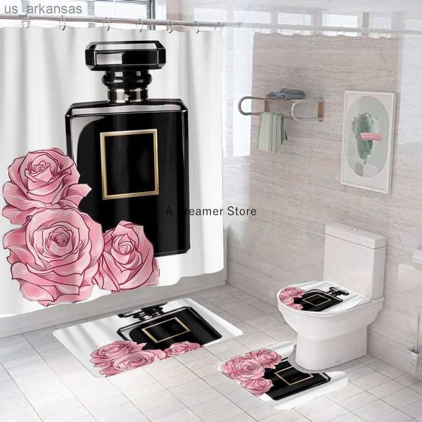 Fragrância Cosmética Perfume e Flor Cortina de Chuveiro 3D Conjunto de 4 Peças Ganchos Personalizados Decoração Impressa Banheiro Impermeável Tela de Cobertura L230523