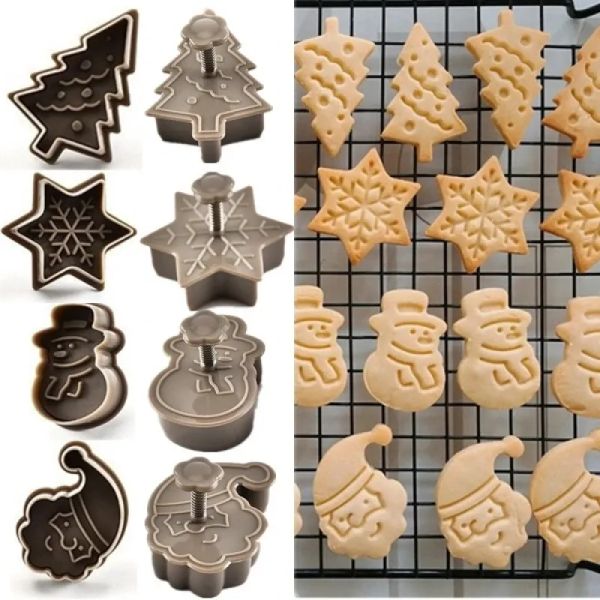 4 pçs/set moldes de cozimento de biscoito de plástico boneco de neve/floco de neve/árvore de natal/papai noel padrão moldes de cozimento jn07