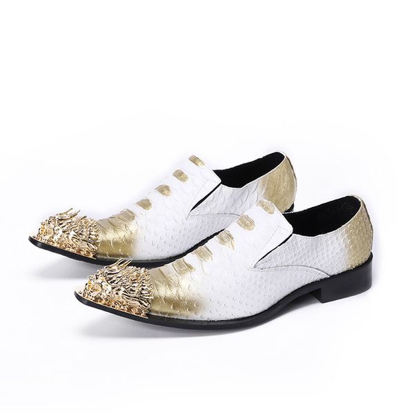 Sapatos masculinos estilo italiano Sapatos formais de couro com biqueira de aço dourado Homens com cadarço Branco Vermelho Sapatos de festa e casamento masculinos, UE 38-46