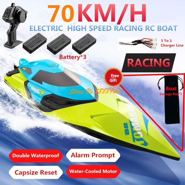 Barcos 70 km h duplo à prova d'água RC RC de alta velocidade 200m 50cm Sensor de água Capsize Reset Control Speedboat Toys 230607