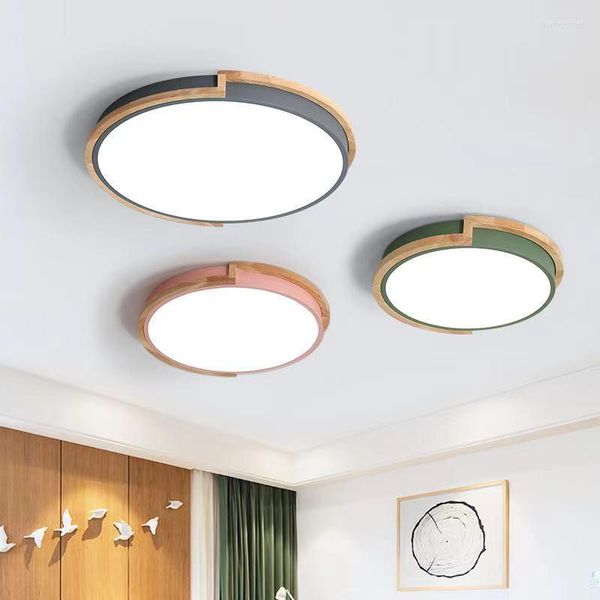 Plafoniere Modern LED Light Macaron Ultra Thin Round Wood Soggiorno Camera da letto Lampada dimmerabile Pannello da cucina Montaggio superficiale