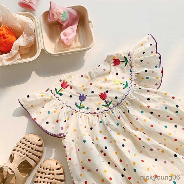 Vestidos de menina 2023 verão vestido de menina manga mosca princesa colorido ponto flor bordado roupas infantis r230607