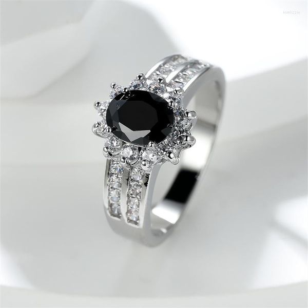 Hochzeit Ringe Boho Weibliche Schwarz Stein Oval Blume Für Frauen Silber Farbe Zirkon Bands Vintage Party Charme Ring Frauen schmuck CZ