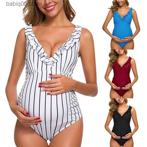 Costumi da bagno premaman Costume da bagno per donne incinte Sexy Vita alta Bikini intero Supporto ventre Scollo a V Costumi da bagno premaman Spiaggia all'aperto Balneazione T230607