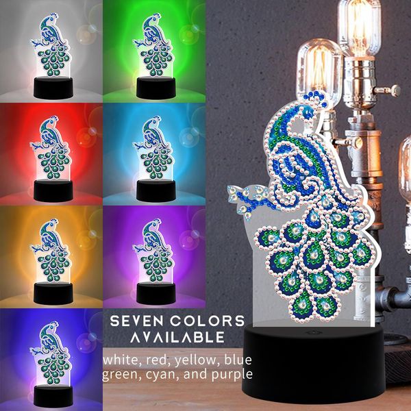 Stich 7 Bunt DIY Diamond Painting LED LED LAMPE Spezielle Diamant -Mosaik -Kreuzstich Stickst Stick Diamant Pfau