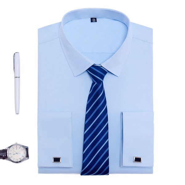 Camisas casuais masculinas com abotoaduras francesas manga longa sem bolso smoking com abotoaduras festa formal casamento branco azul