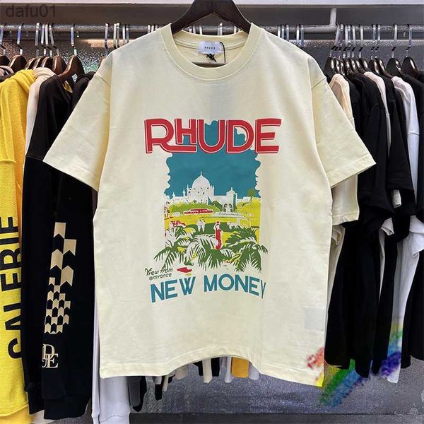 23SS Rhude lettere Stampa Castle Coconut Tree T-shirt Donna Uomo T-shirt oversize di alta qualità Top Tees Migliore qualità L230520