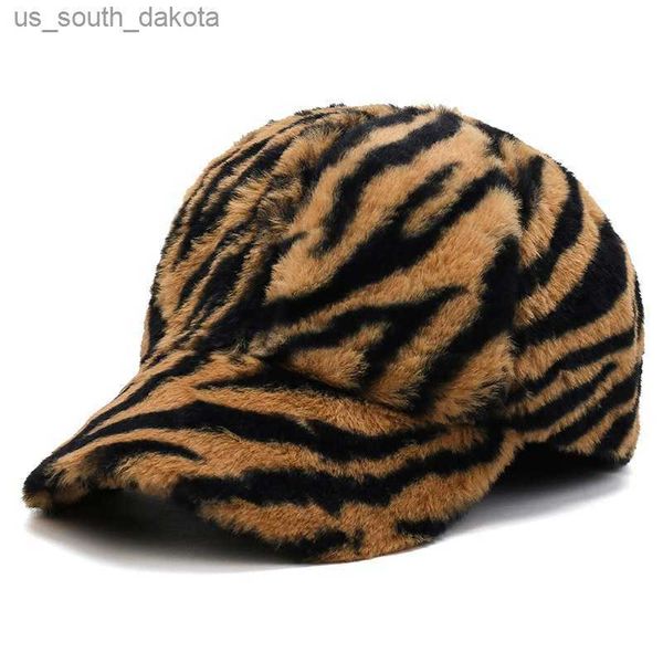 Boné de beisebol feminino com aba curta estampa de leopardo listras de zebra outono inverno curto de pelúcia pai chapéu snapback L230523