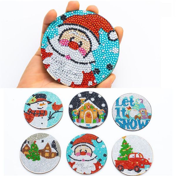 Stitch 6pcs DIY Weihnachtsdiamantmalerei Untersetzer Santa Claus Snowman Diamond Stickerei Coaster Cup Kissen mit Rack Weihnachtsgeschenken