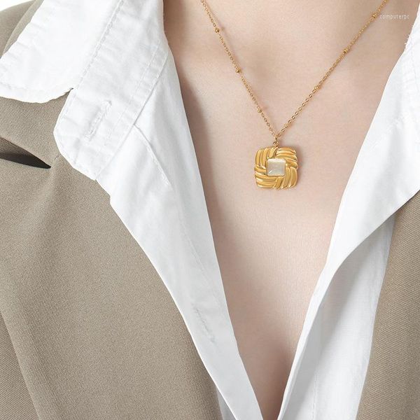 Conjunto de brincos colar francês retrô de alta qualidade em aço titânio banhado a ouro trançado incrustado em vidro opala joias de pedra