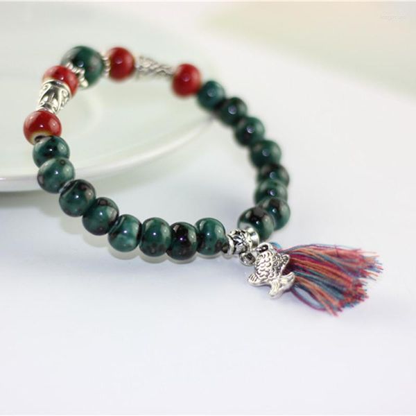 Charm Bracelets ISINYEE Étnico Cloisonne Fish Tassel Beads Para Mulheres Artesanal Cerâmica Prata Tibetana Pulseira Delicada Estilo Chinês