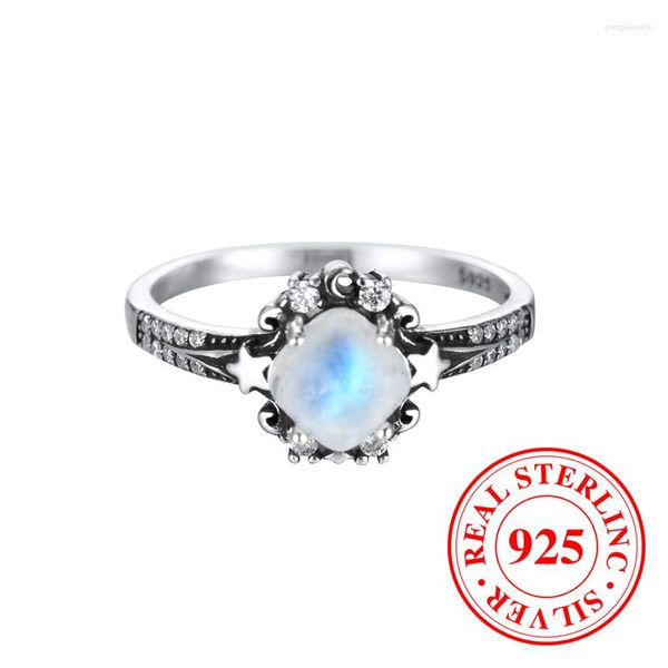 Cluster Rings Classic Moonstone Engagement Ring Cute Stars Square Stone Wedding For Women Real 925 Sterling Silver Jóias Presente de Aniversário