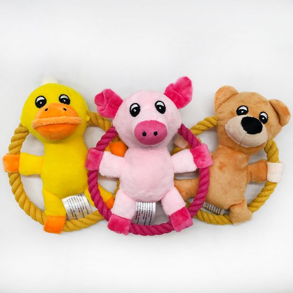 Corda di cotone Pet Dog Throw Toys Cartoon Duck Pig Cani di taglia piccola e media Squeaker Giocattolo da addestramento da masticare Durevole Giocattolo per cani all'aperto Disco volante