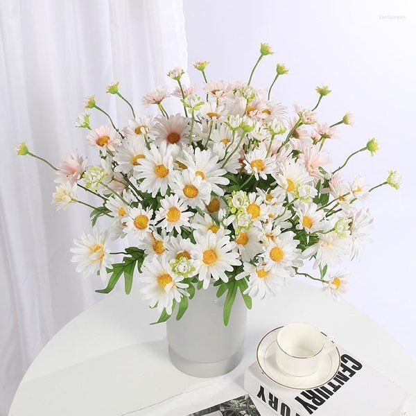 Dekoratif Çiçekler 5 Head Daisy Yapay Gelin Buket Düğün Dekorasyonu Sahte Ayçiçeği Bitkileri Bahçe Oturma Odası Ev Dekor