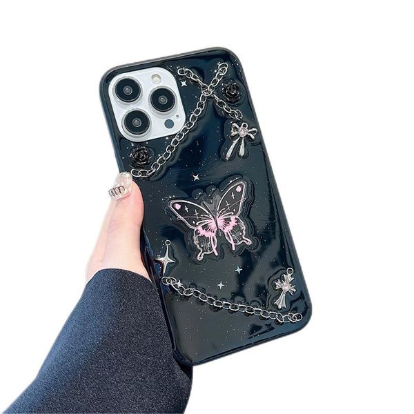 Bonito 3D Epóxi Glitter Borboleta Cadeias Algemas Estojos Pretos Bling TPU Macio Capa à Prova de Choque Para iPhone 14 13 12 11 Pro Max