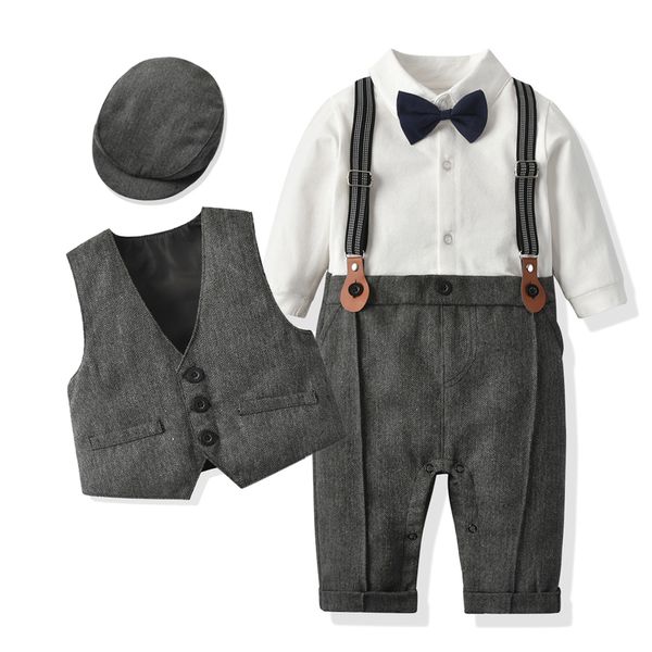 T-shirt nato Boy Abiti formali Set Infant Boy Gentleman Birthday Pagliaccetto Outfit con cappello Gilet Manica lunga Tuta da neonato Tuta formale 230606