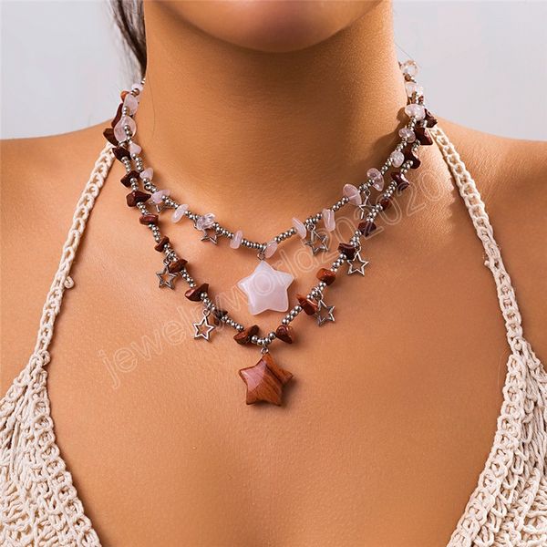 Boho Colorido Irregular Pedra Natural Oco Estrela Pingente Gargantilha Colar Feminino Verão Goth Contas Cadeia Y2K Jóias Acessórios