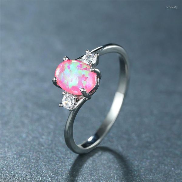 Anéis de casamento vintage feminino rosa oval anel de opala clássico cor prata noivado simples pedra de cristal redondo para mulheres