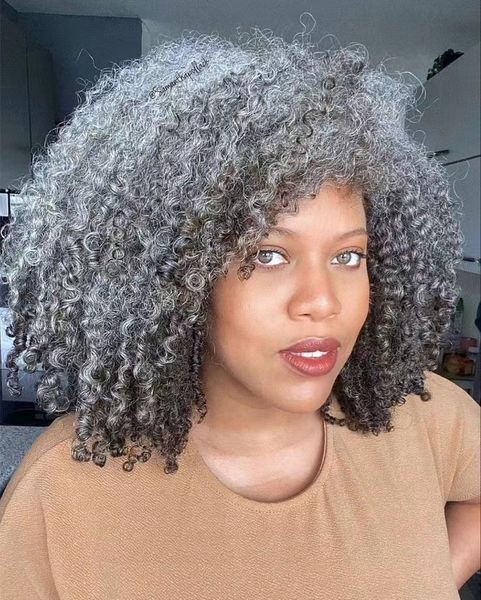 Perucas de cabelo humano encaracolado afro com franja curta ombre cinza moda peruca para mulheres negras perucas sem cola sal pimenta cinza prata 150% densidade totalmente natural