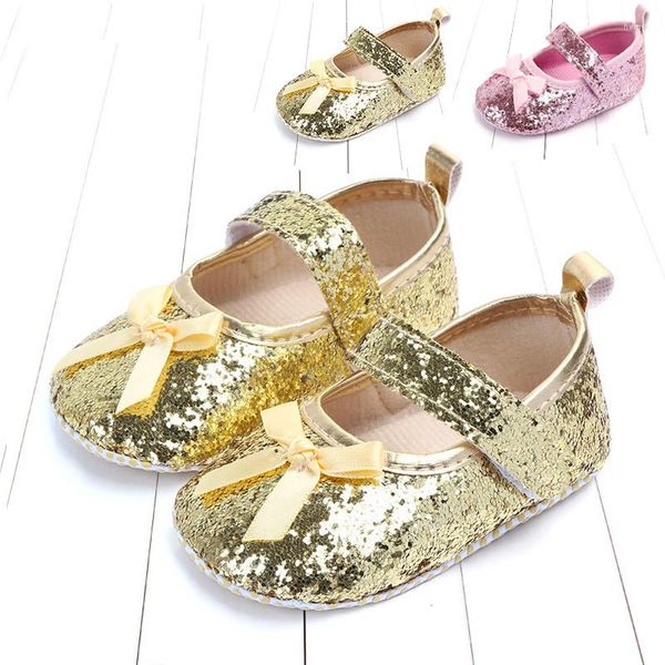 Первые ходоки Sequints маленькие девочки обувь кожа малыша рождена Walker Bow-Knot Soft Soles Loop Loop Bling Princess Shoese