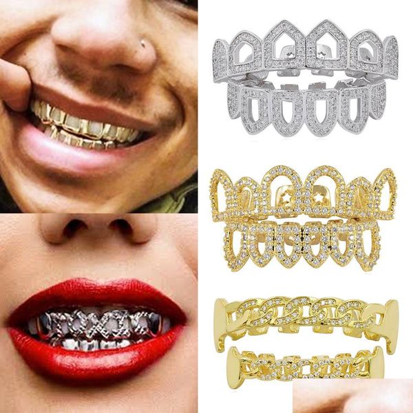 Grillz Dental Grills 18K Gold Hip Hop Fl Diamond Hollow Denti Grillz Iced Out Fang Bretelle Tooth Cap Vampire Cosplay Rapper Gioielli Dhhaf