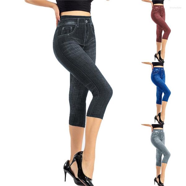 Leggings femininas com estampa de jeans fashion slim jeans sintético com estampa elástica curta/comprida calças leggins calças de verão