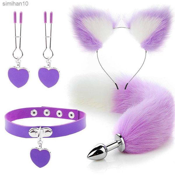 Brinquedos sexuais anais Fox Tail Butt Plug Sexy Plush Cat Ear Headband Com Sinos Conjunto Colar Massagem Brinquedos sexuais para mulheres Casais Cosplay L230518