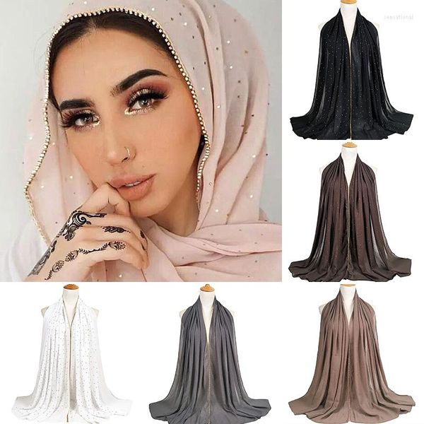 Cachecóis Feminino Muçulmano Hijab Luxo Diamante Incrustado Xale Cachecol Verão Cor Sólida Cadeia Longa Enrolado Faixa de Cabeça Acessórios de Moda