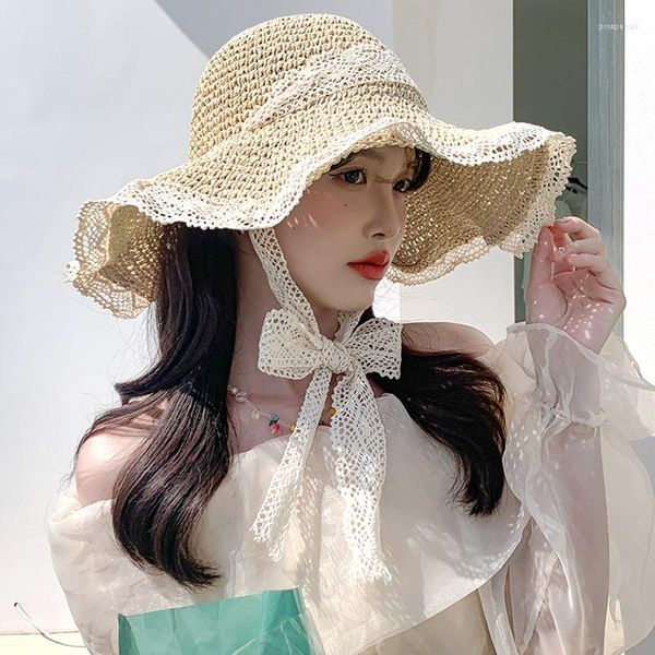 Широкие шляпы ультрафиолетовой защиты для женщин для женщин Кружевая лента складная летняя пляжная шапка солнце Большое ковш