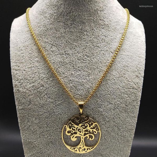 Anhänger Halsketten Baum des Lebens Edelstahl Gold Farbe Frauen Pullover Lange Kette Schmuck Arbre De Vie Acier Inoxidable