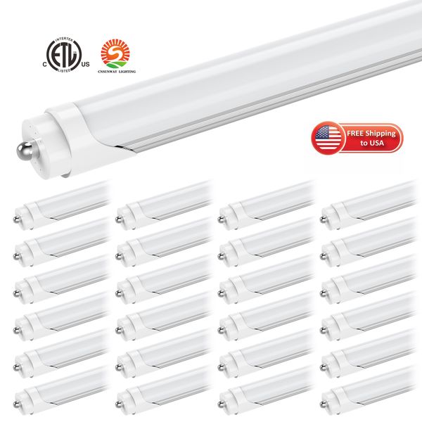 Tubos LED 8 pés 8 pés pino único t8 FA8 Luzes 45W 4800Lm Lâmpadas de tubo fluorescente Lâmpadas 6000K cobertura leitosa fosca brilhante transparente 85-265V Estoque nos EUA desvio de lastro ETL