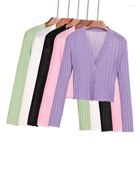 Cardigan estivo da donna in maglia Bolero da donna Maglioni da donna lavorati a maglia Capispalla tricot tagliata bianca Top corto all'uncinetto Scollo a V carino